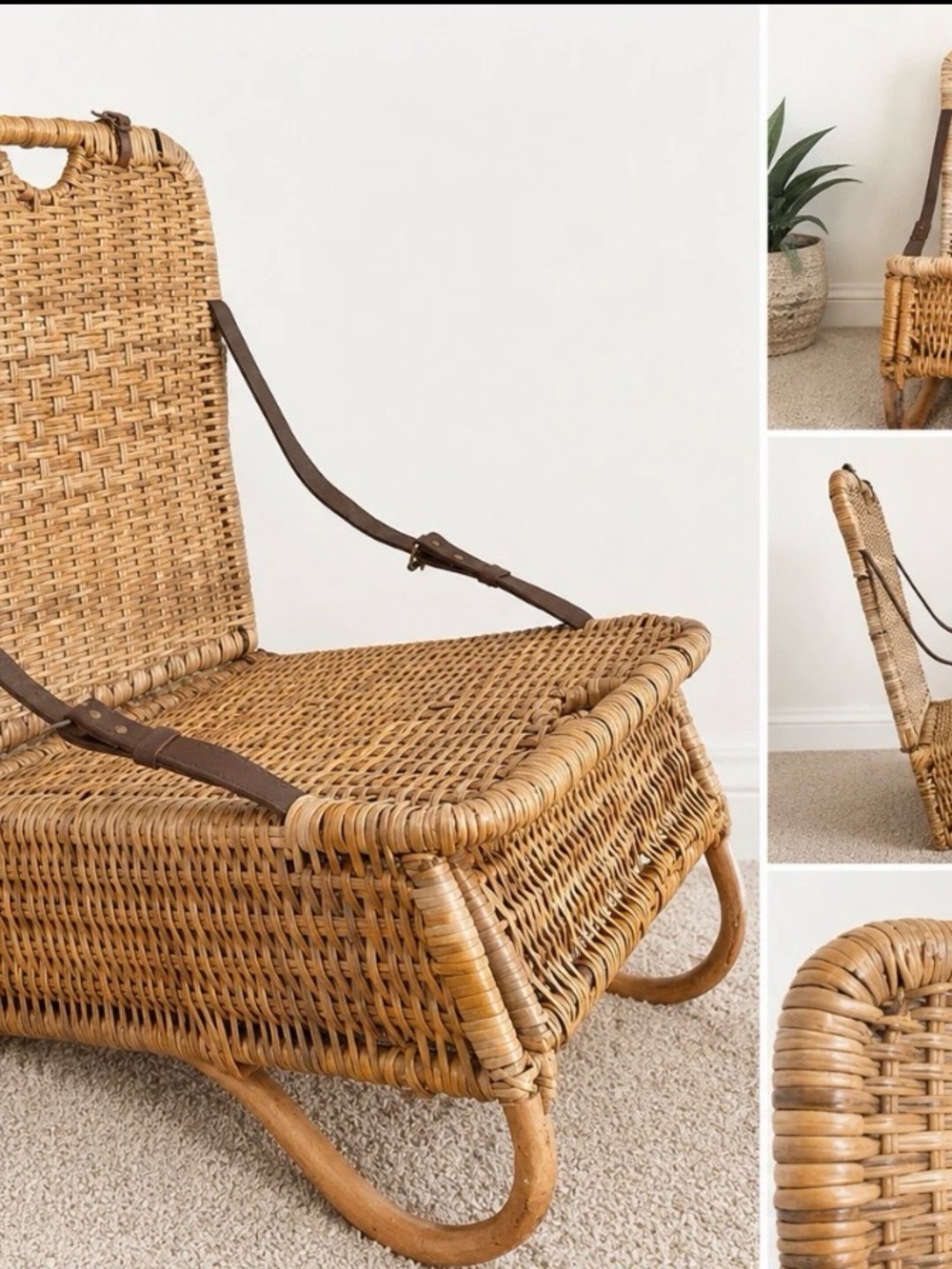 Vintage Mid-Century Rattan Wicker Fishing Canoe Chair – Leather Straps & Cushion